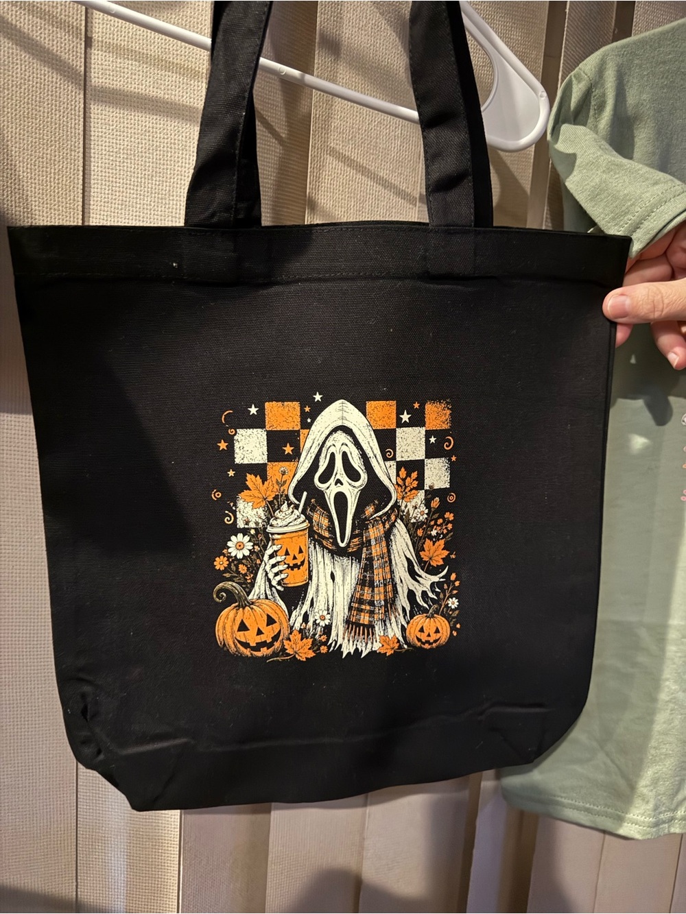 Source Unknown Black Halloween Ghost Tote with Orange and Cream Design